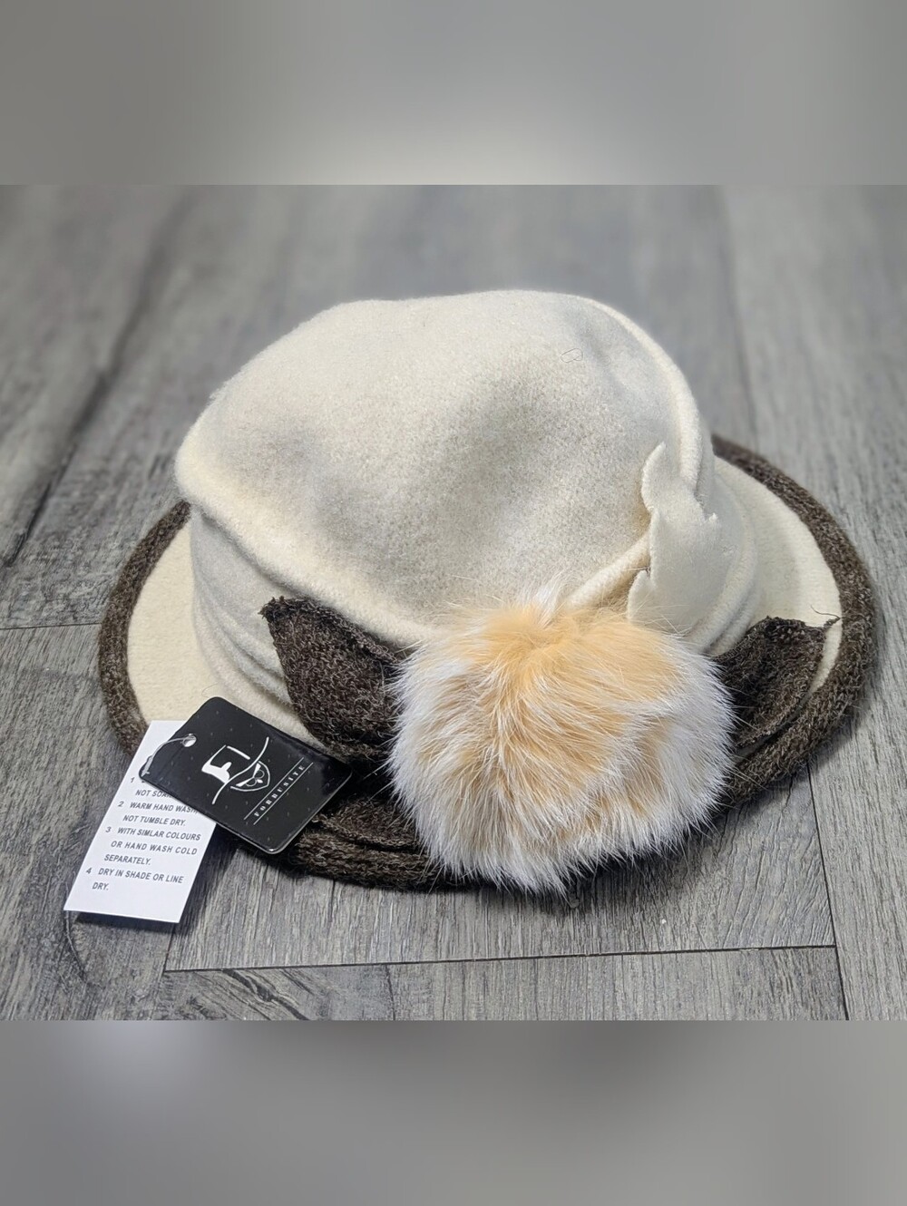 Forbusite 100% Boiled Wool Cloche Hat W/Ruche Crown & Fuzzy Pom NWT